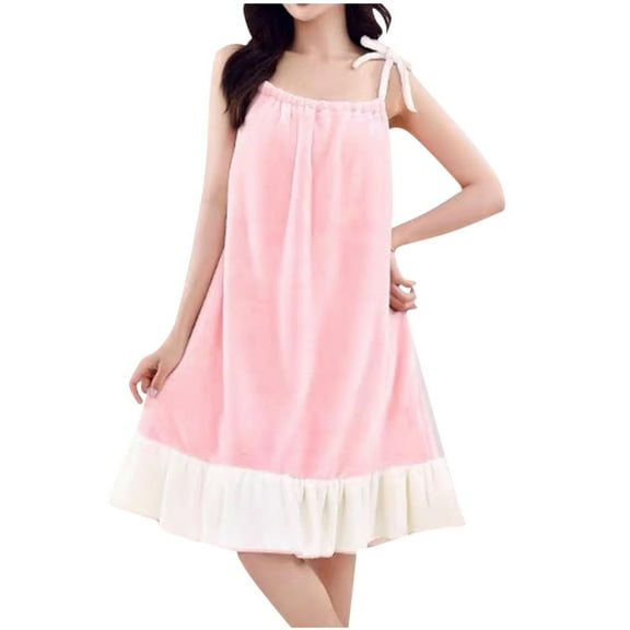 Htigea Nightgown for Women Fleece Sleeveless Dresses Soft Comfy After Shower Dresses Patchwork Knee Length Bathrobe Pink,Free Size