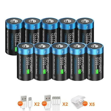 Image of 10 Pack 1.5V USB Lithium High Capacity Battery 5 Pack 5500mWh C Size Rechargeable Batteries and 5 Pack 15000mWh D Size Rechargeable Batteries with Battery Case and Charging Cable