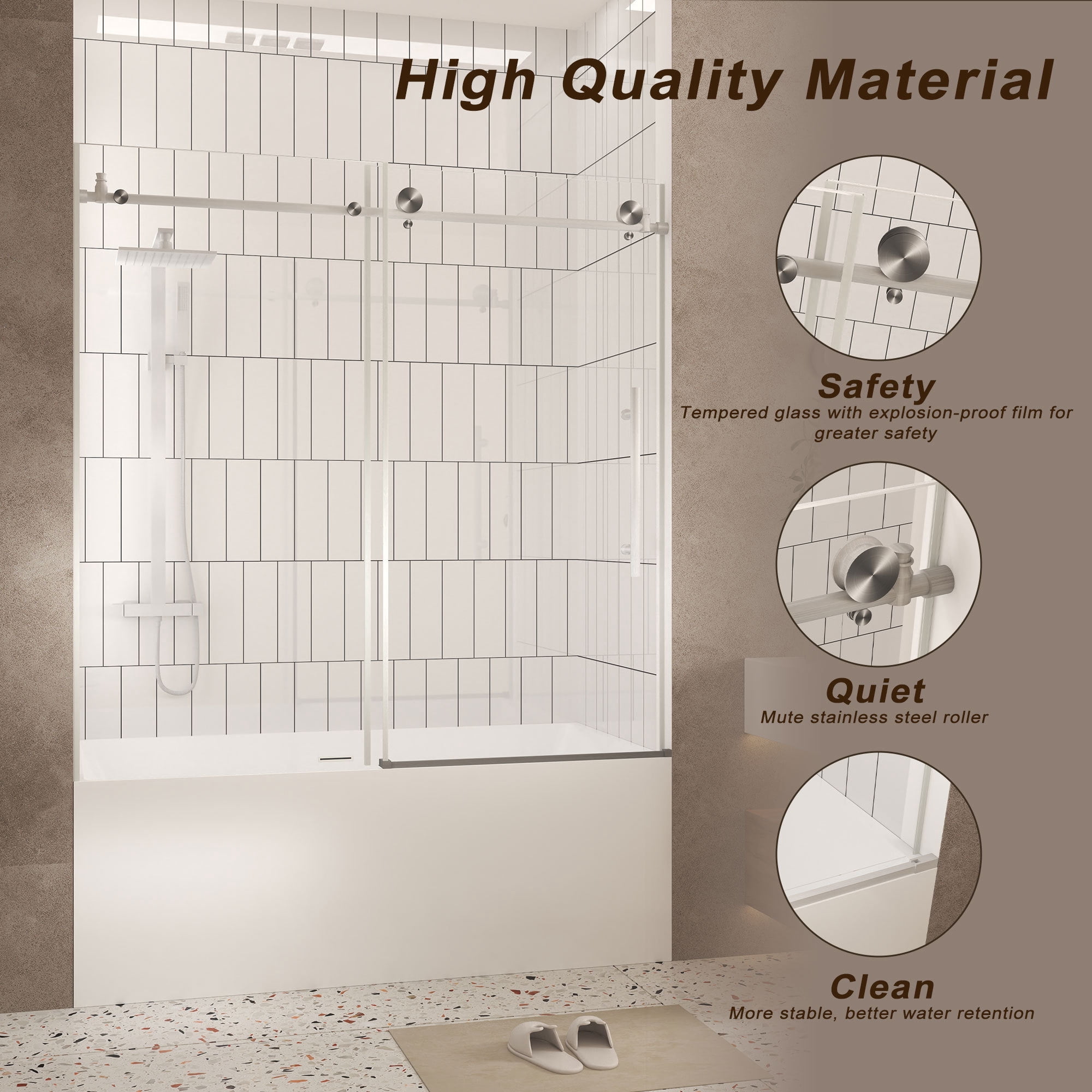 Leumius Frameless Sliding Shower Door,56-60"W x 60" H,1/4" Clear Tempered Glass,Stainless Steel Handle,Brushed Nickel