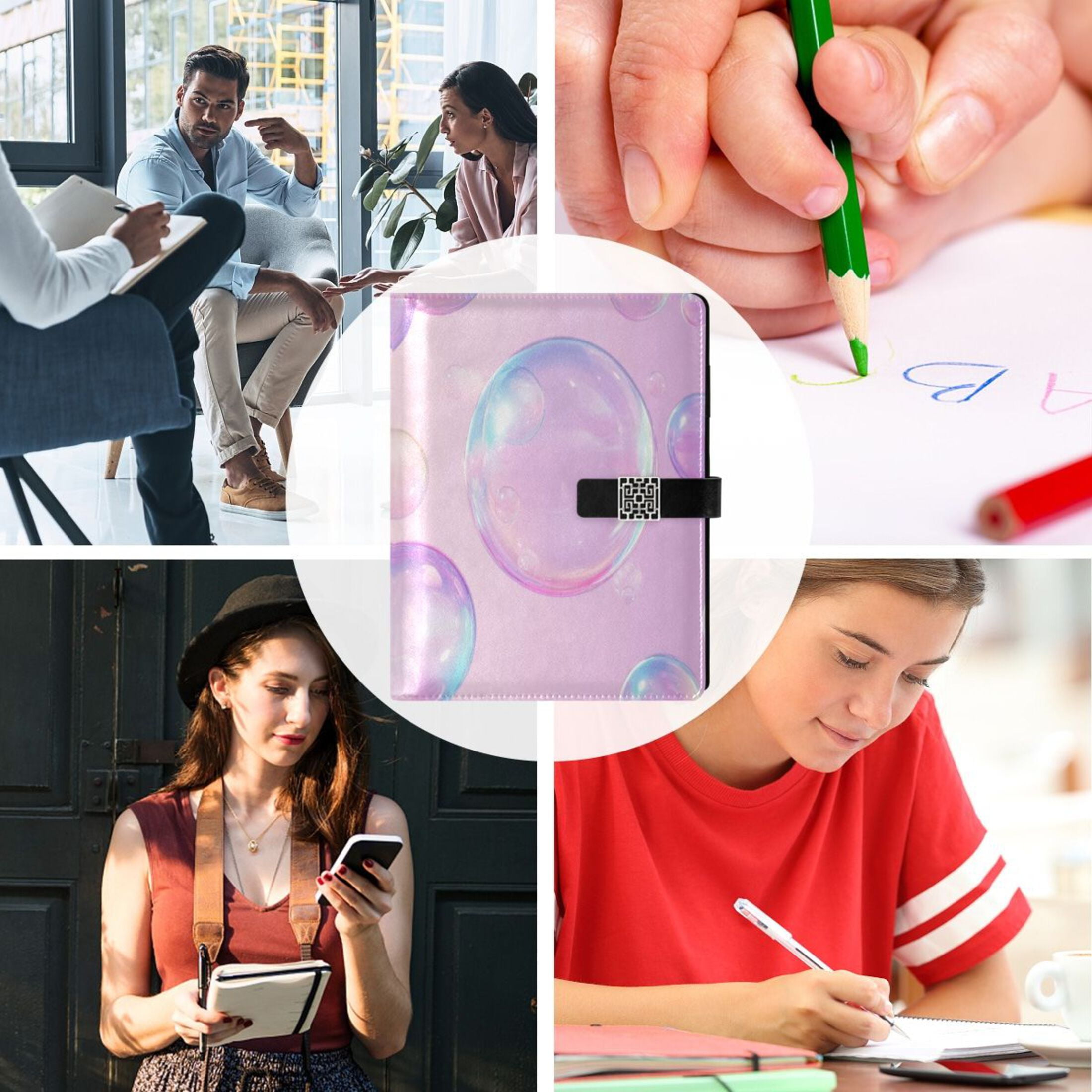 Leather Planner Leather Notebook Notebook Journal Binder Design Pen Pocket Design Convenient for Storage Purple Pretty Bubble
