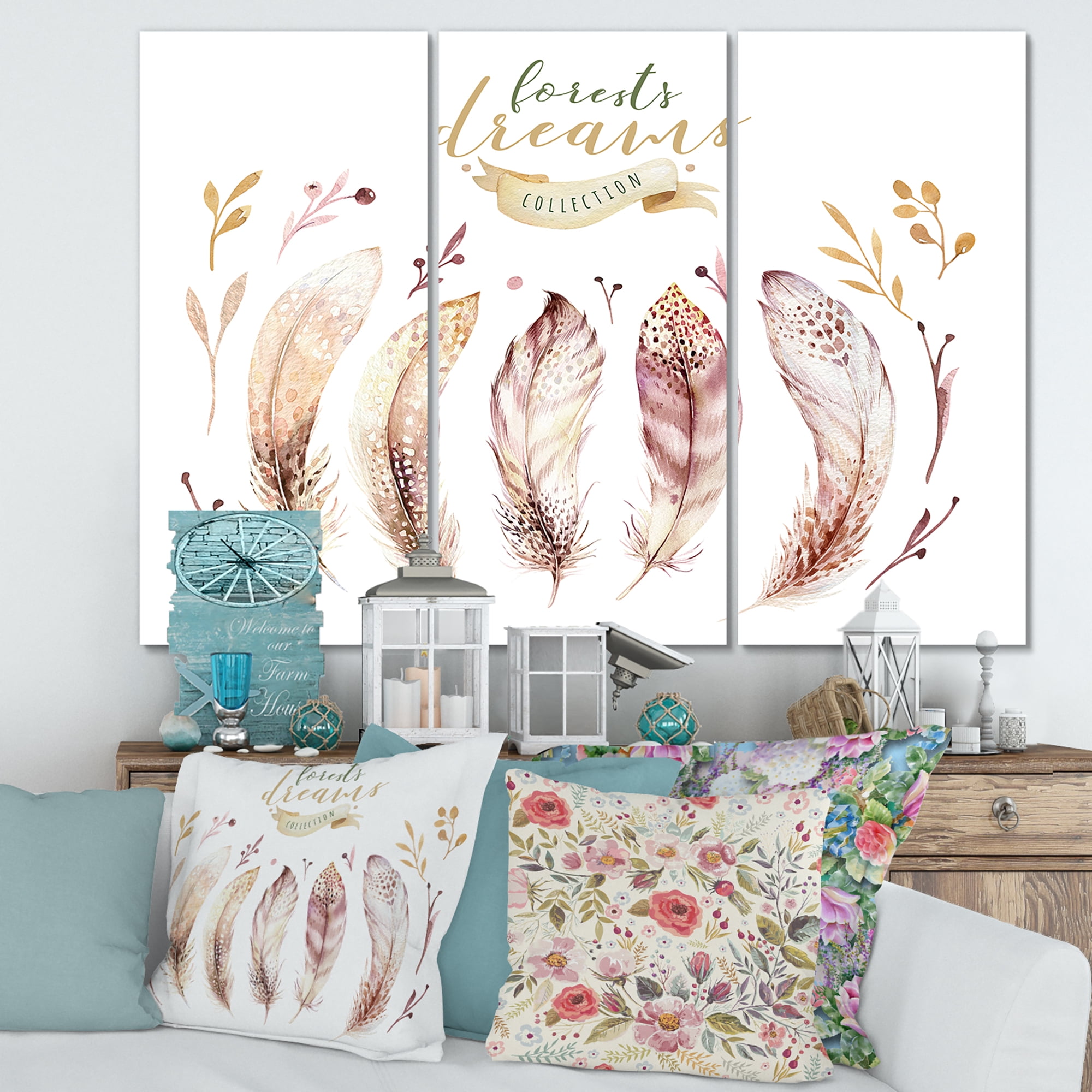 Designart ' Vital Feathers In Ethnic Boho Style ' Bohemian & Eclectic Canvas Wall Art Print