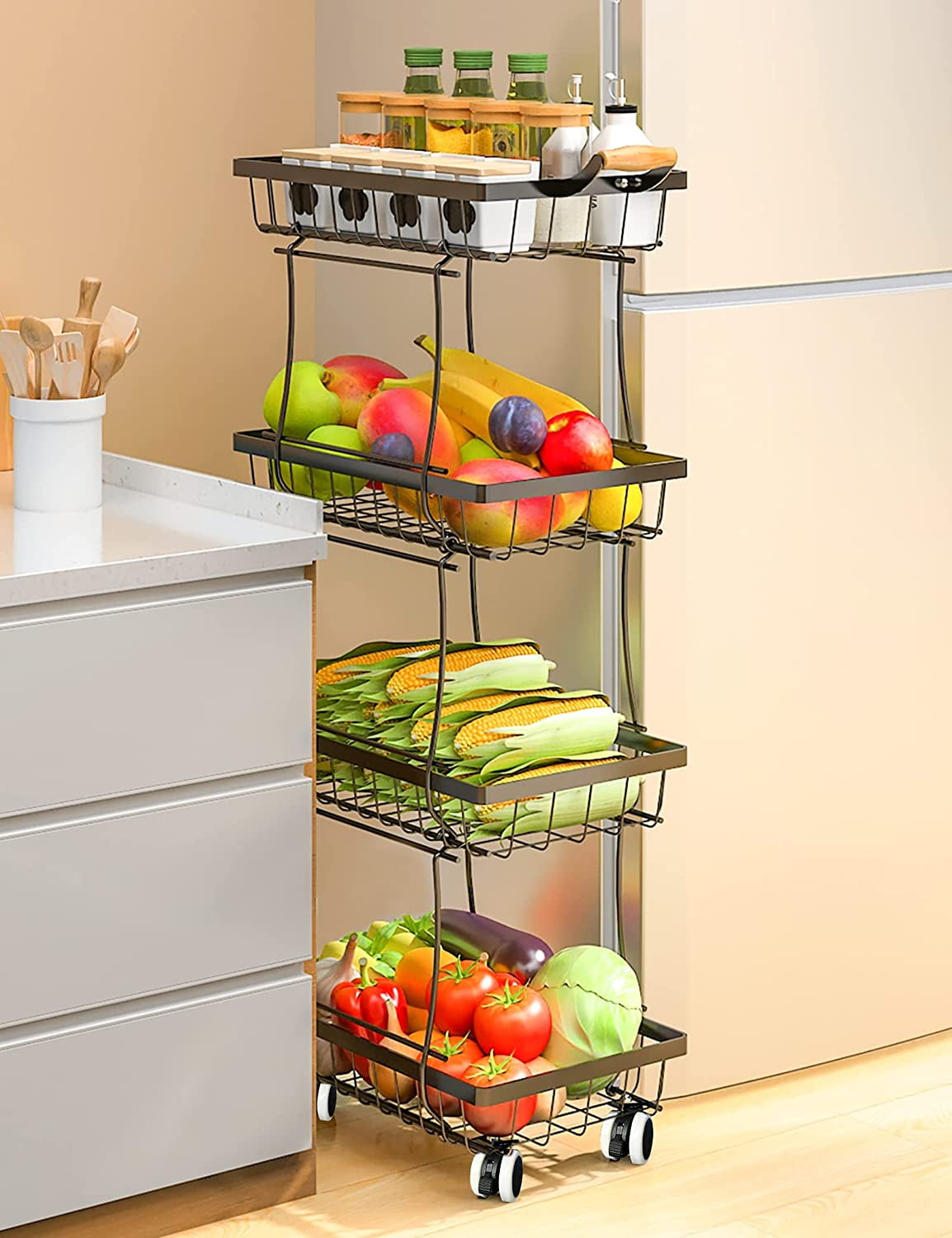 Fruit Basket for Kitchen,4 Tier Stackable Fruit and Vegetable Storage Rolling Cart,Metal Wire