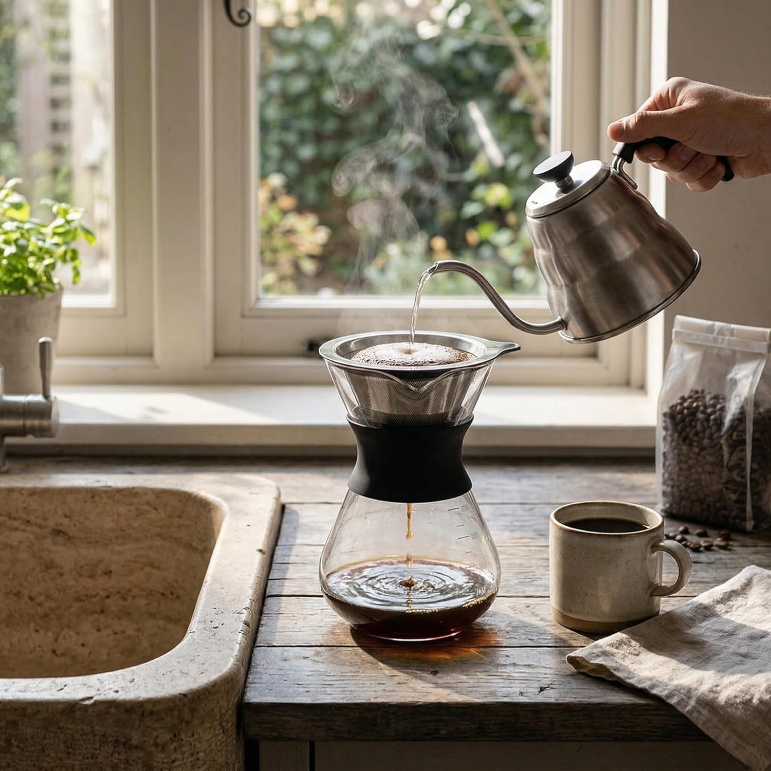 Waayee Pour over Coffee Maker Set, 14 oz Glass and Stainless Steel Single Cup Coffee Brewer with Reusable Filter, BPA-Free