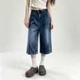 thumbnail image 5 of Wutalume Capri Pants for Women Denim - Low Rise Loose Fit Bermuda Style Summer Jorts Cropped Length High Waist Vintage Wash,Dark Blue L, 5 of 5