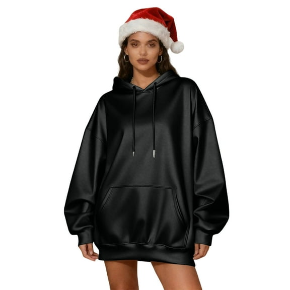 Women's Hoodie Long Sleeve Crewneck Pullover Solid Tops with Pockets Black XL