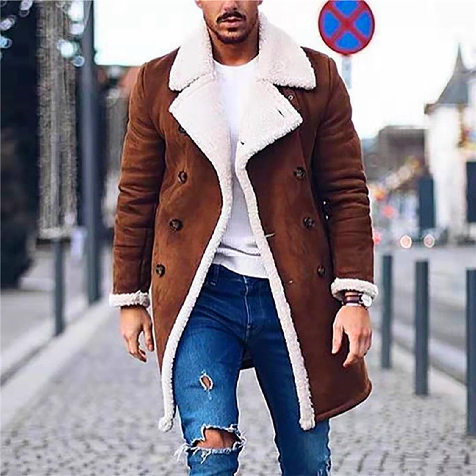 Men Retro Real Leather Jacket Solid Dad Coat Warm Casual Trench Outwear Overcoat 