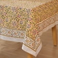 thumbnail image 4 of Yellow Leaf Khadi Sanganeri Block Print Cotton Tablecloth, Handcrafted Indian Table Cover – Boho Floral Handblock Print Dining Table Linen (72x108 Inches), 4 of 5