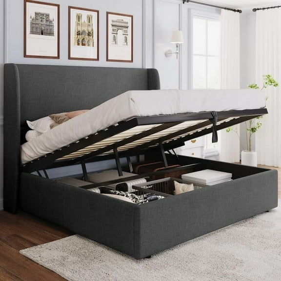 VanAcc King Size Lift up Storage Bed, Upholstered Platform Bed Frame, Modern Wingback Headboard, No Box Spring Needed, Light Grey