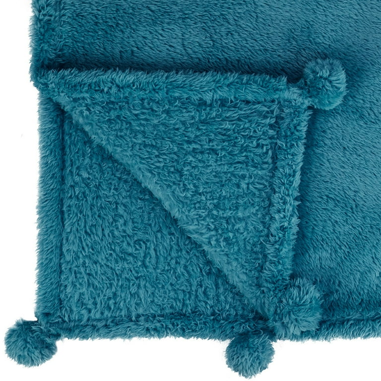 PAVILIA Teal Blue Sherpa Throw Blanket with Soft Pom Pom Fringe