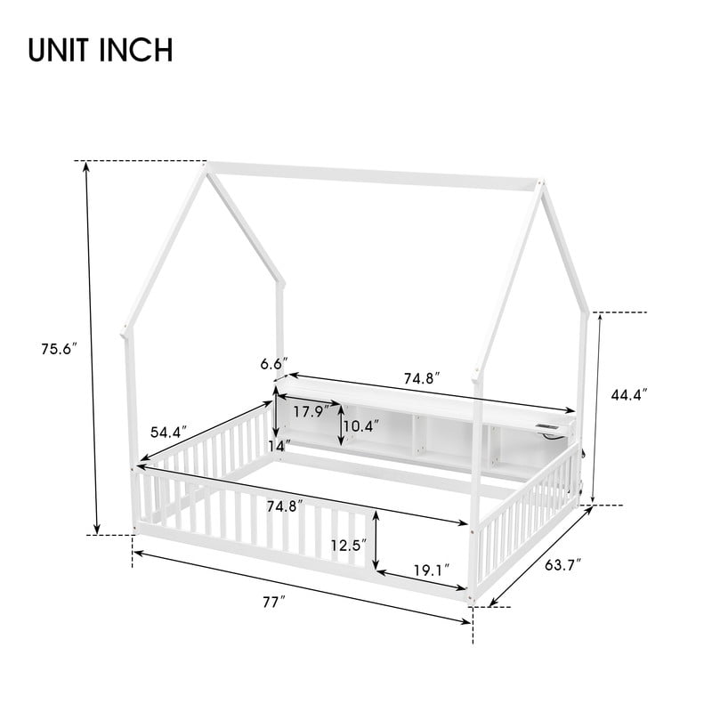 Full Size House-Shaped Canopy Bed with Roof, Wood Kid's Floor Bed Frame with Storage Shelves, LED Lights & Charging Station
