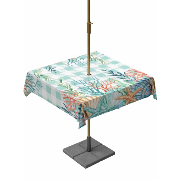 Summer Coastal Outdoor Tablecloth - 60x60 Inch Square Dining Table Cover, Watercolor Corals Shells Starfish Green Plaid Waterproof Outdoor Table Cloth with Umbrella Hole & Zipper for Picnic/Patio