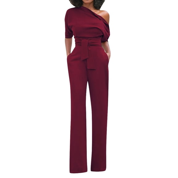 AOOCHASLIY Fall Clearance Pants Women's Fashion Solid Off Shoulder Short Sleeve with Belt Slim Jumpsuit