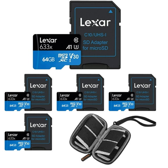 Lexar BLUE Series High-Performance 633x 64GB UHS-I microSDHC Memory Card with SD Adapter [5-Pack] With Slinger Digital Memory Card Wallet