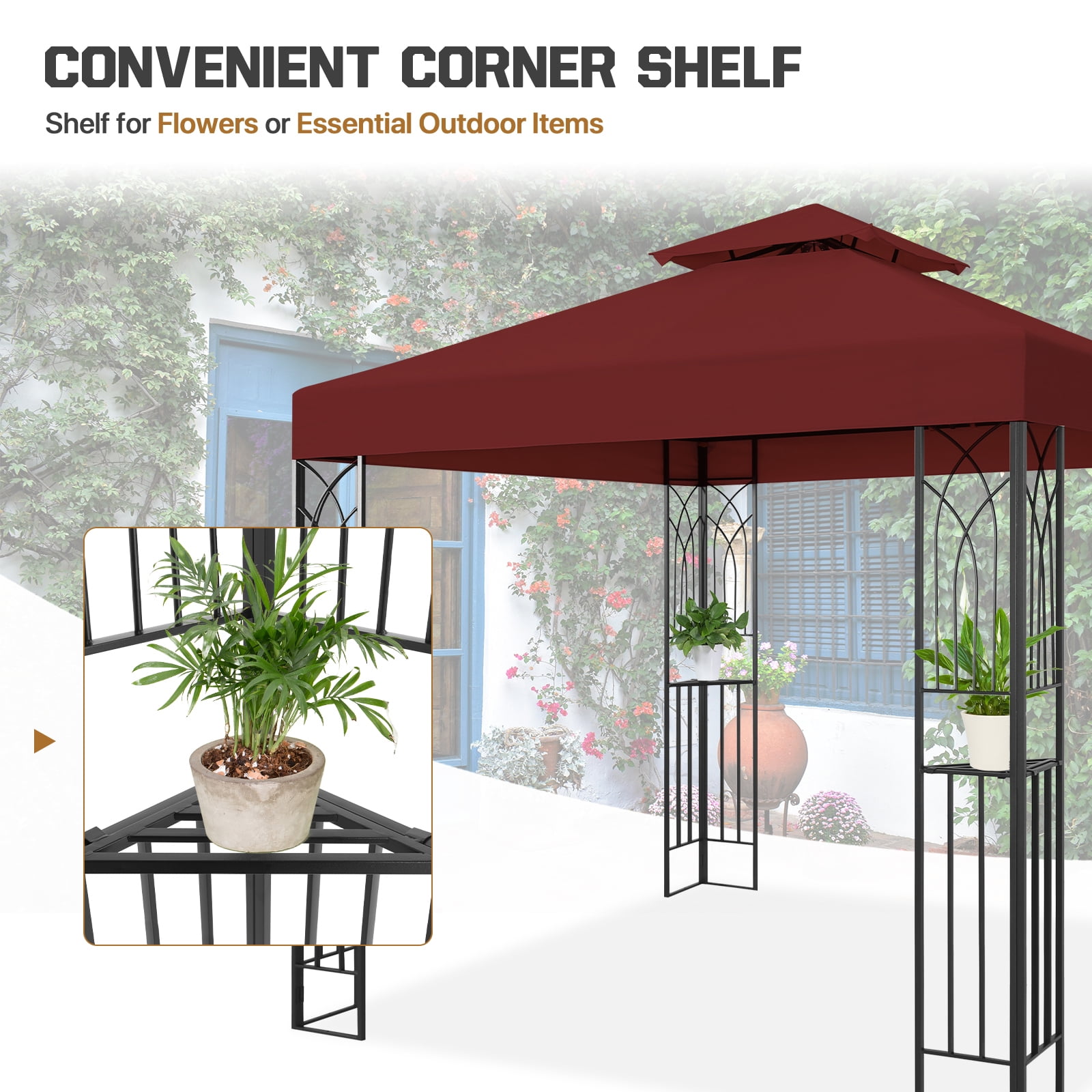COOS BAY 8x8 Outdoor Patio Gazebo with Corner Shelves, Two-Tier Soft Top Canopy for Backyard, Lawn, Deck and Garden, Red