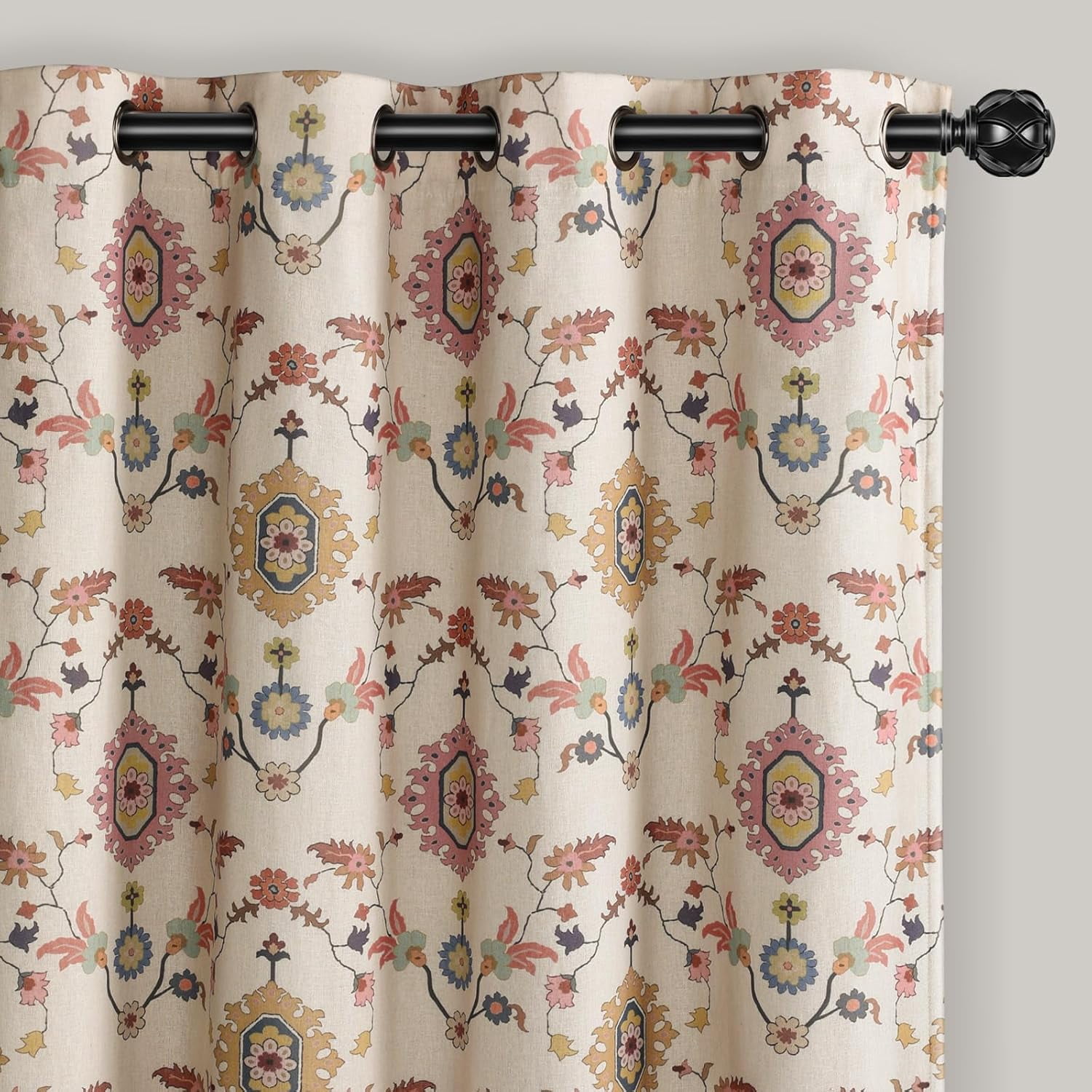 Boho Blackout Curtains Beige Window Treatment Drape 63 Inch Floral Printed Vintage Curtains for Living Room Bedroom with Grommet 1 Panel 52" W x 63" L