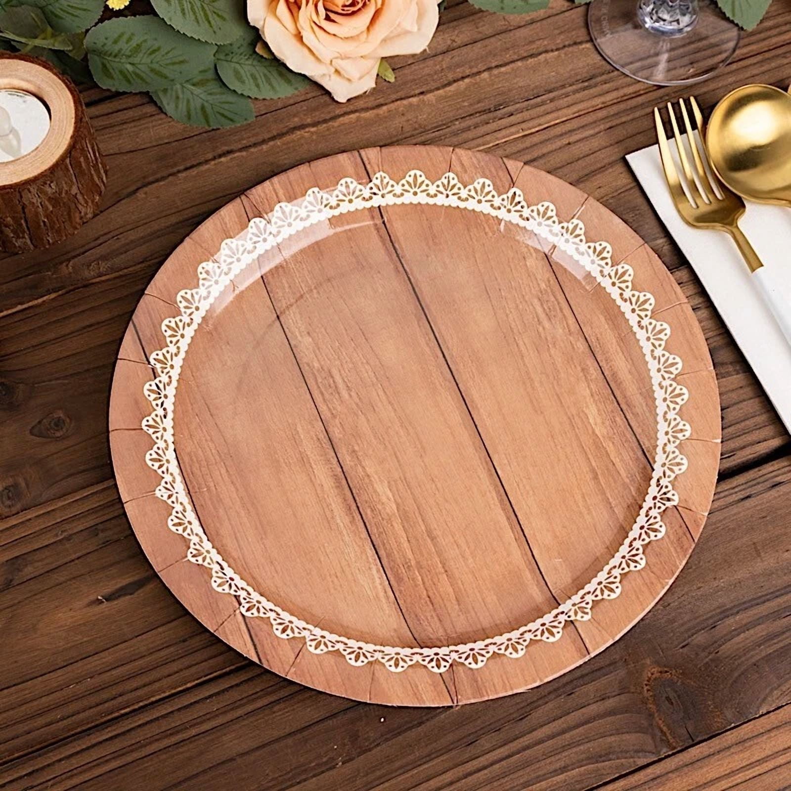 PRIME - 25 Brown 9 In Wood Print Floral Lace Disposable Salad Dinner Paper Plates Party