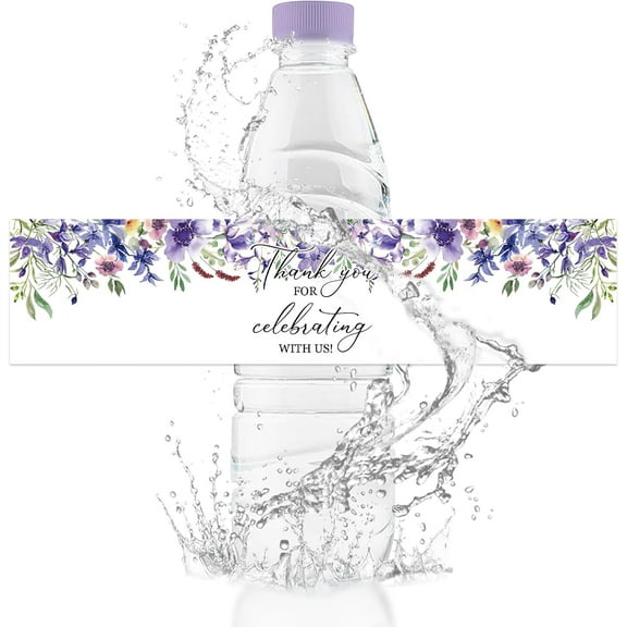 50Pcs Water Bottle Labels Purple Flowers Thank You for Celebrating with Us Waterproof Bottle Sticker for Wedding Birthday Graduation Baby Shower