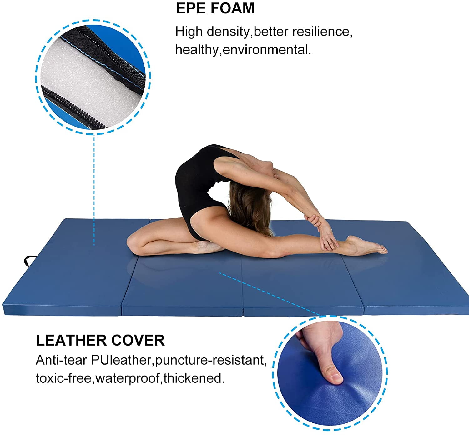 Polar Aurora 4'x10'x2'' Thick Folding Gymnastics Exercise Mat Aerobics Stretching Yoga Mats For Tumbling With Carrying HandlesFor Home Use/Gym/Yoga/Training (Blue)