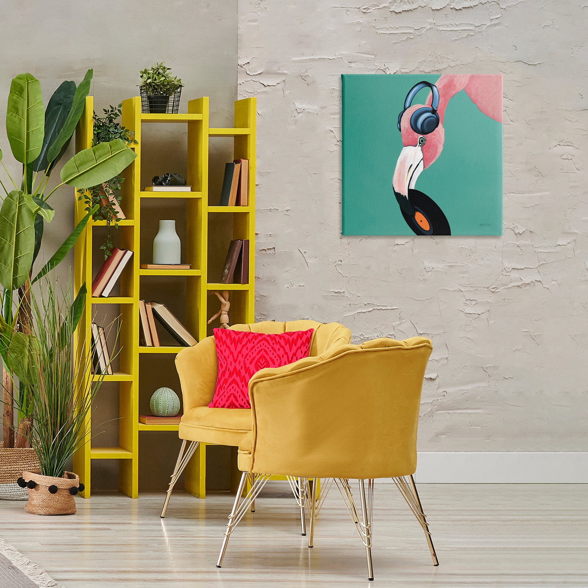 Stupell Industries Flamingo with Music Record Entertainment Painting Wrapped Canvas Art Print Wall Art, 24 x 24