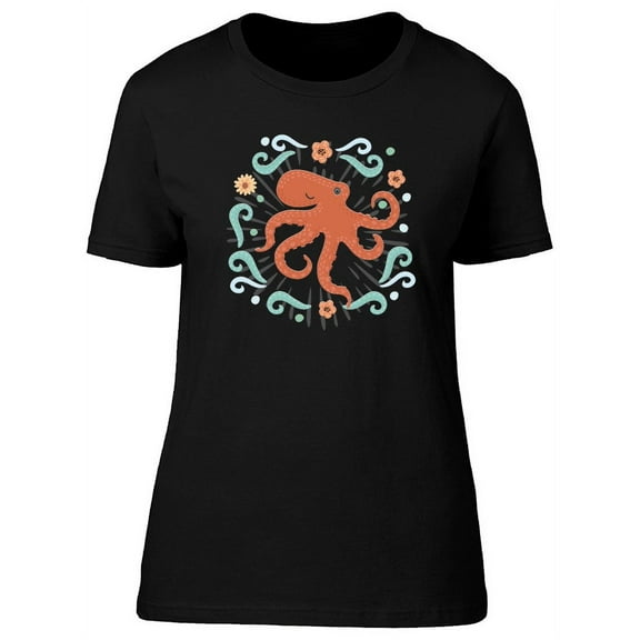 Cute Floral Octopus Doodle T-Shirt Women -Image by Shutterstock, Female x-Large