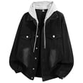 thumbnail image 4 of Jerdar Men's Faux Two Piece Hooded Denim Trucker Jacket Lapel Collar Button Flap Pockets Washed Long Sleeve Loose Fit Vintage Casual Fall Winter Streetwear Jean Outerwear Coat Top, 4 of 5