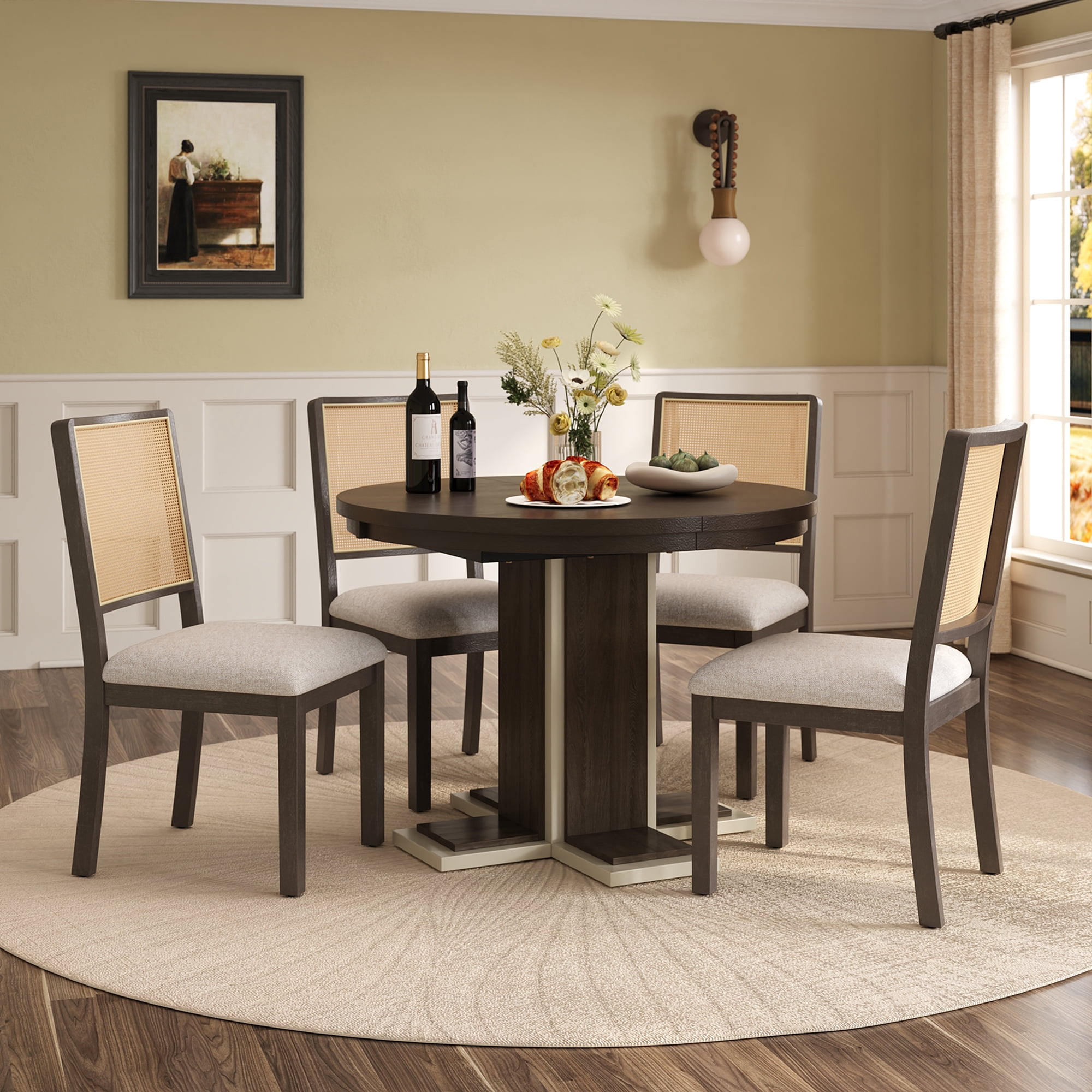 Euroco 5 Piece Round Dining Table Set for 4,Extendable Kitchen Table Set with 4 Upholstered Chairs and Double Layer Design,58" Oval Dining Table Set for Kitchen Room, Espresso