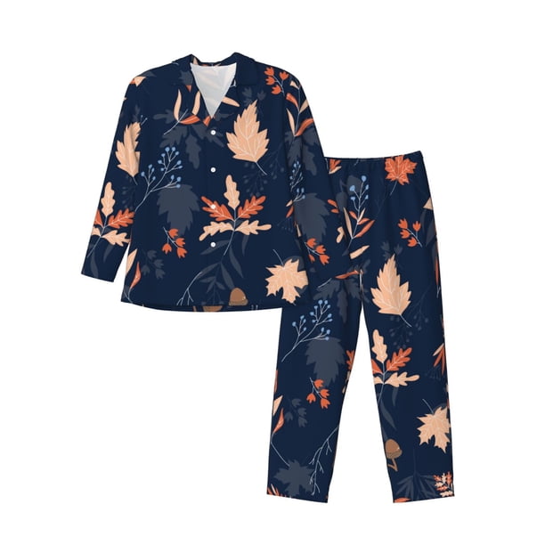 Balery Autumn Leaves With Blue Pijama para Hombre de Dos Piezas con Manga Larga, Conjunto de Dormir y Descanso Suave con Bolsillos-Large