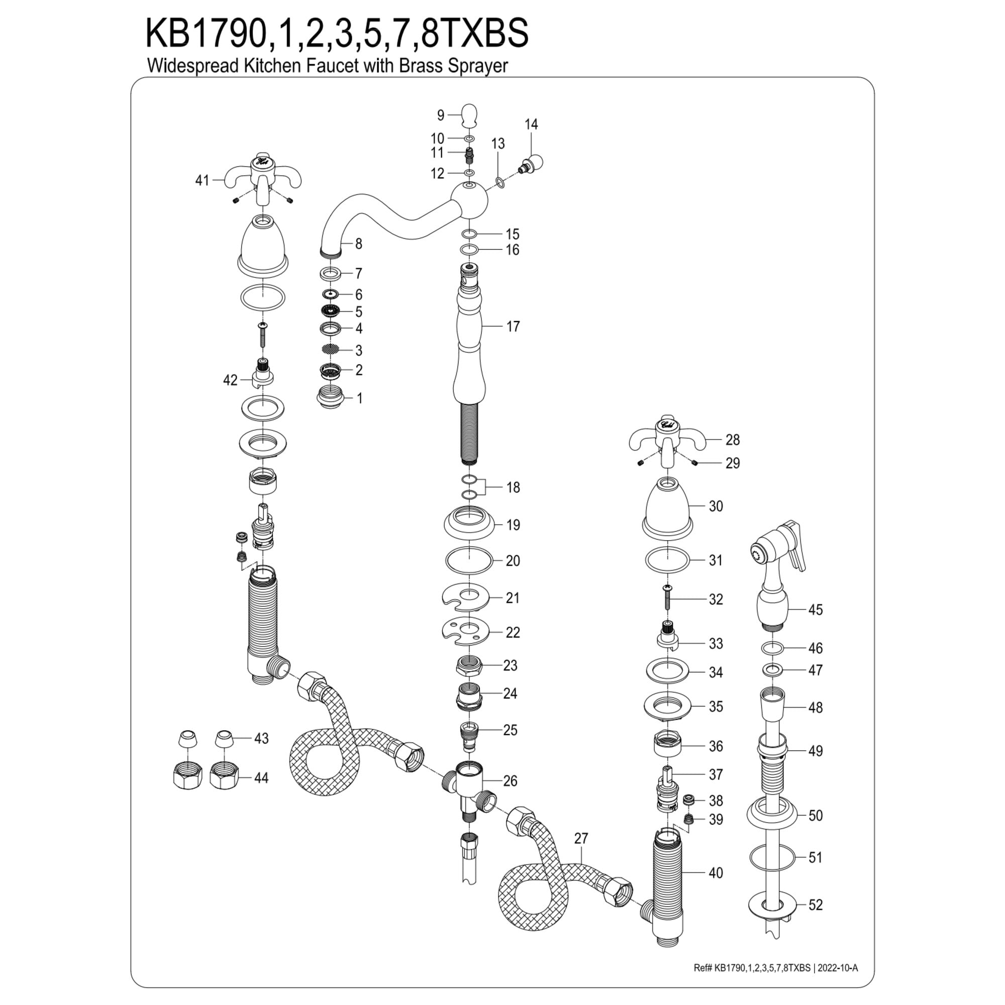 Kingston Brass KB1793TXBS French Country Double-Handle Widespread Kitchen Faucet with Brass Sprayer, Antique Brass