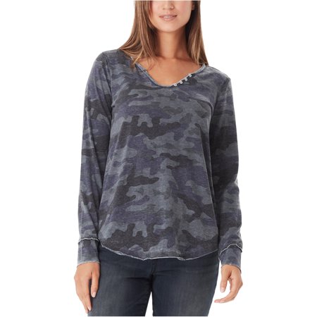 William Rast Womens Camo Henley Top Pullover Blouse, Grey, Large