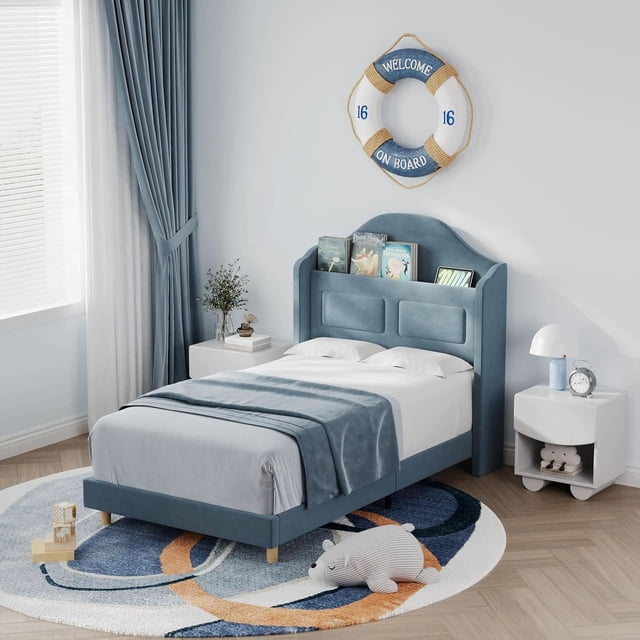 Bingirl Blue Twin-Size Bed Frame: Built-in LED Lights, Velvet Upholstered Platform Bed with Wing Back, No Box Spring Needed, Noise-Free & Easy Assembly