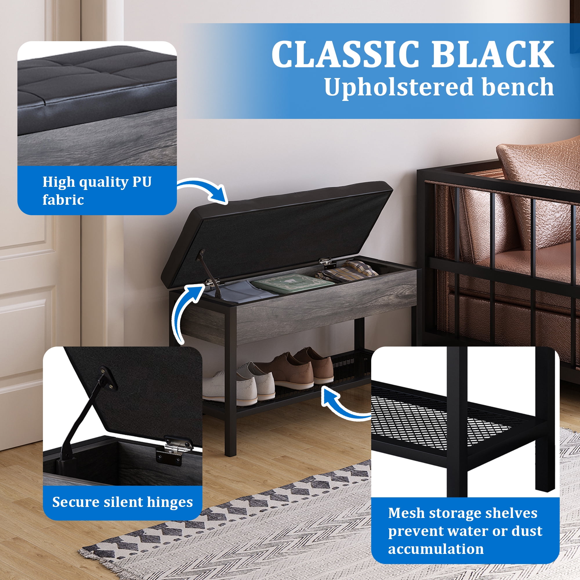 Kadyn Shoe Bench for Entryway, Modern Shoe Bench with Storage Box and Grid Shoe Shelf, Black Kadyn Shoe Bench for Entryway, Modern Shoe Bench with Storage Box and Grid Shoe Shelf, Black