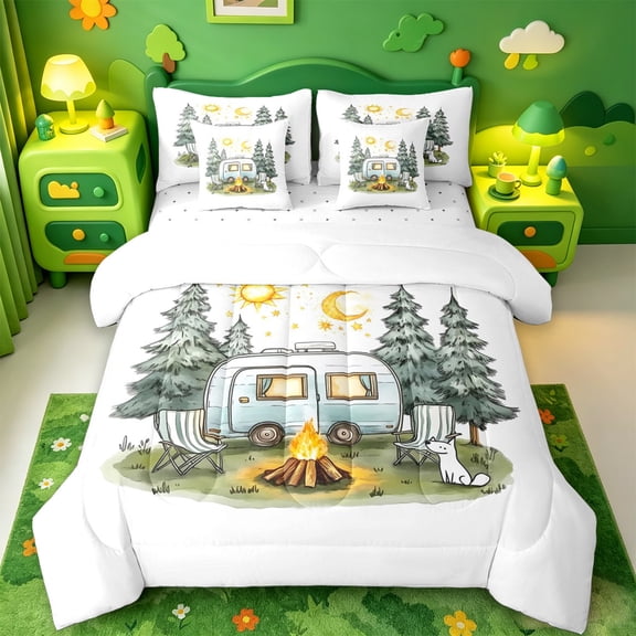 Catabedysis Watercolor Cartoon Camping 7-Piece Twin Bedding,Dog Camper Print Bedding Comforter Set For Boys,Multicolor,Reversible