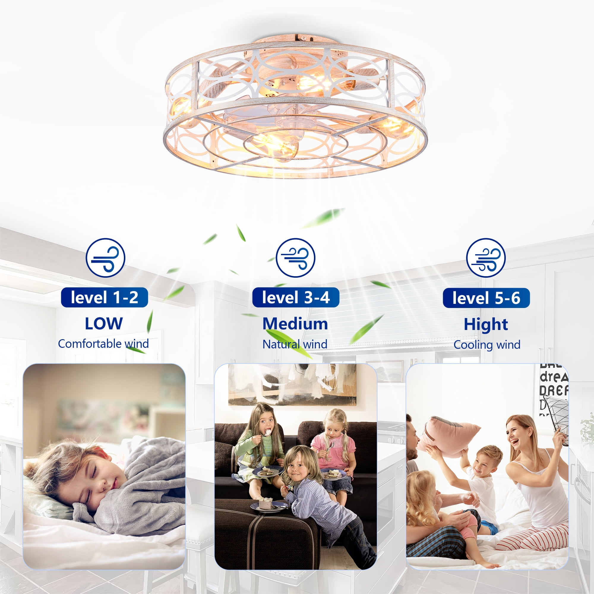 Leumius 20" Caged Ceiling Fans with Lights and Remote, Flush Mount Caged Ceiling Fan 6 Speed Reversible with Remote Control for Living Room Bedroom Dining Room White (NOT Included Bulbs)