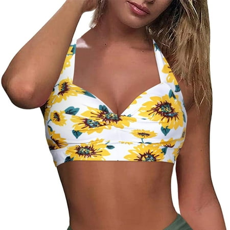 TMOYZQ Bikini Tops for Women Halter Backless Sleeveless Crossover Bathing Suit Tops Bandage V-Neck Push Up Swimwear Top Only