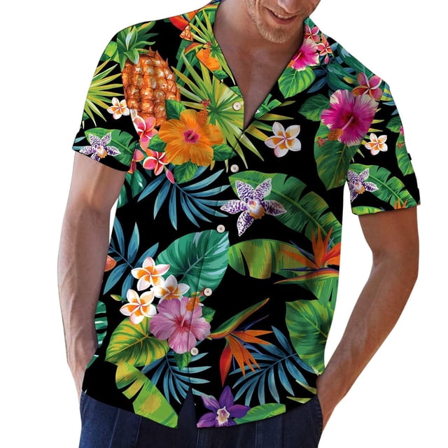 Camisa de manga corta con solapa y estampado hawaiano para hombre Pompotops oipoqjl24886