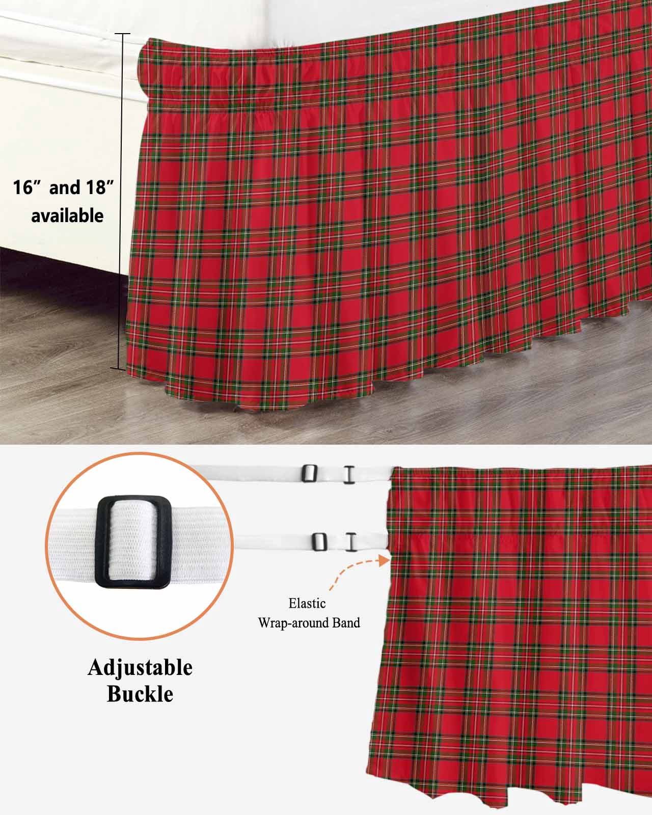 Christmas Red Bed Skirt King Size 16&nbsp;Inch Drop, and Green Buffalo Plaid Wrap Around Dust Ruffle Bedskirts, Wrinkle & Fade Resistant Easy Fit Bedskirt with Adjustable Elastic
