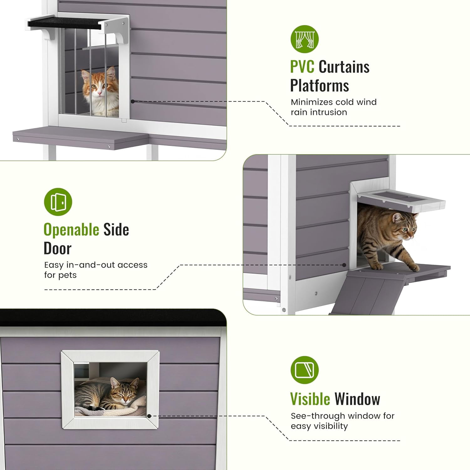 HomeSheek 32.6" Outdoor Cat House with Ramp & Side Door, Weatherproof Feral Cats Shelter Keep Safe, Easy Assembly & Cleaning, Indoor Outdoor Pet Home