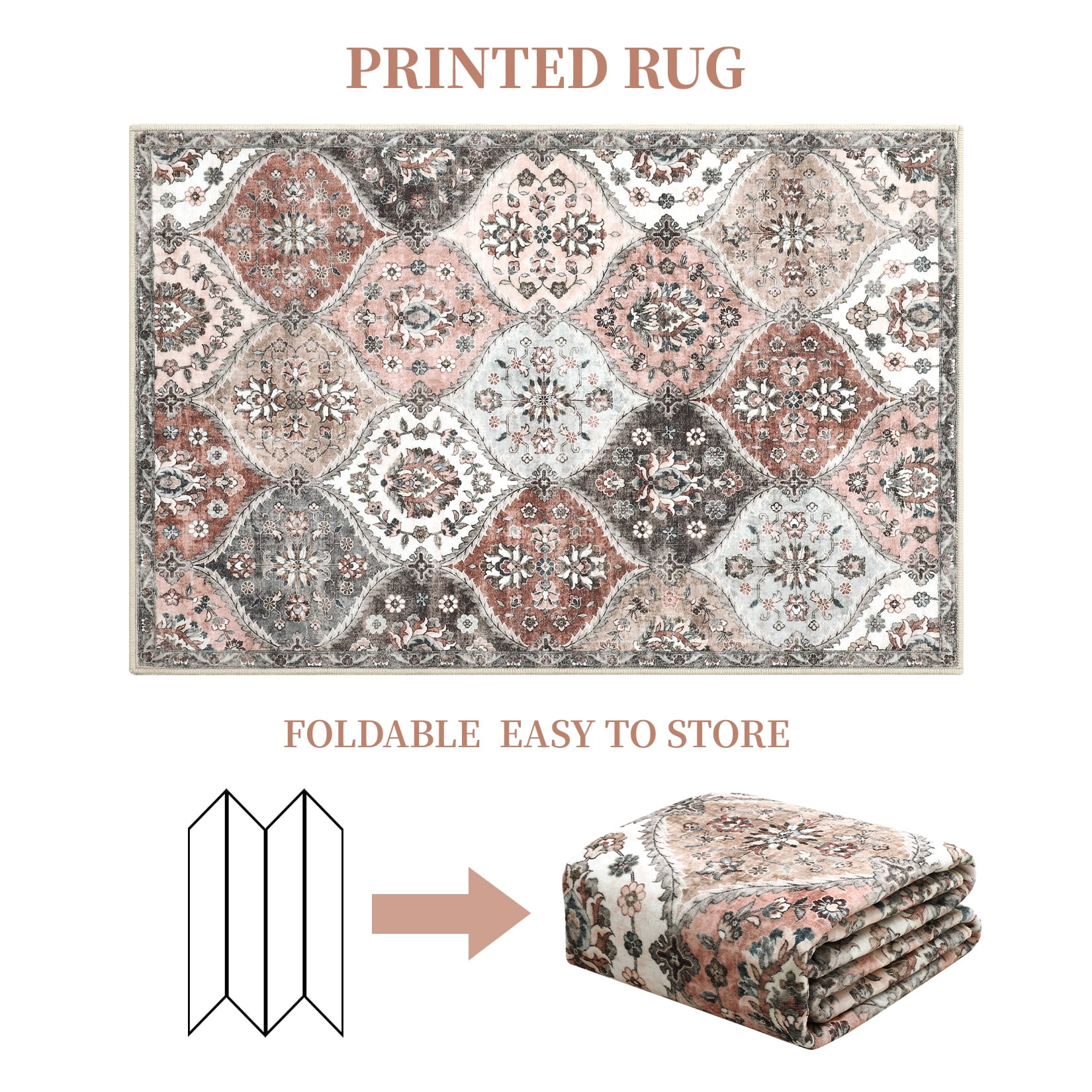 Hasoo Large Area Rug 9' x 12' Rug for Living Room Bedroom Floral Non-Slip Washable Accent Indoor Carpet, Gray/Pink