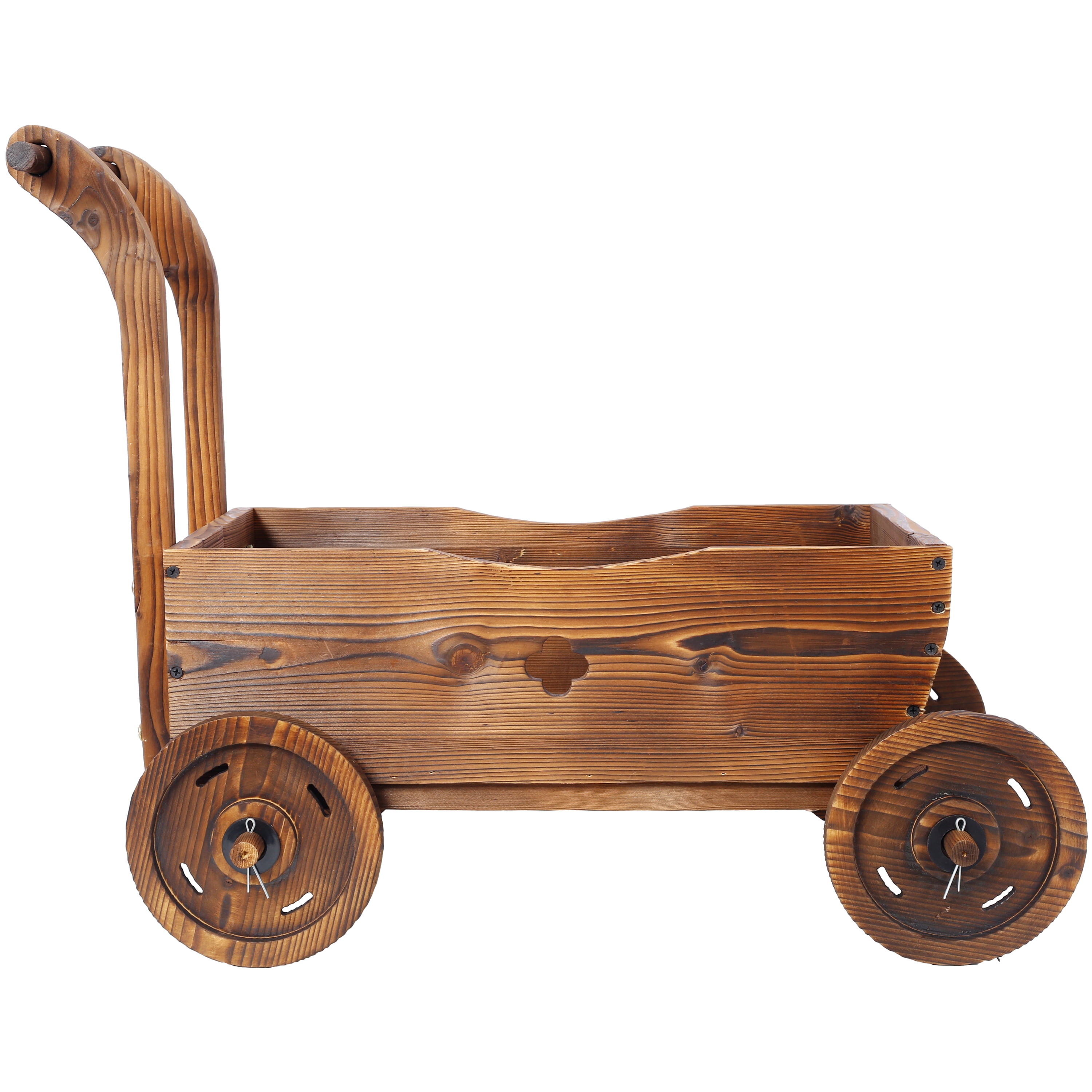 Wooden Wagon Planter Box, Mobile Garden Planter with 4 Wheels, Handle, Drain Hole, Decorative Flower Planter for Indoor & Outdoor Decor, Wooden Flower Cart for Patio, Garden, Balcony