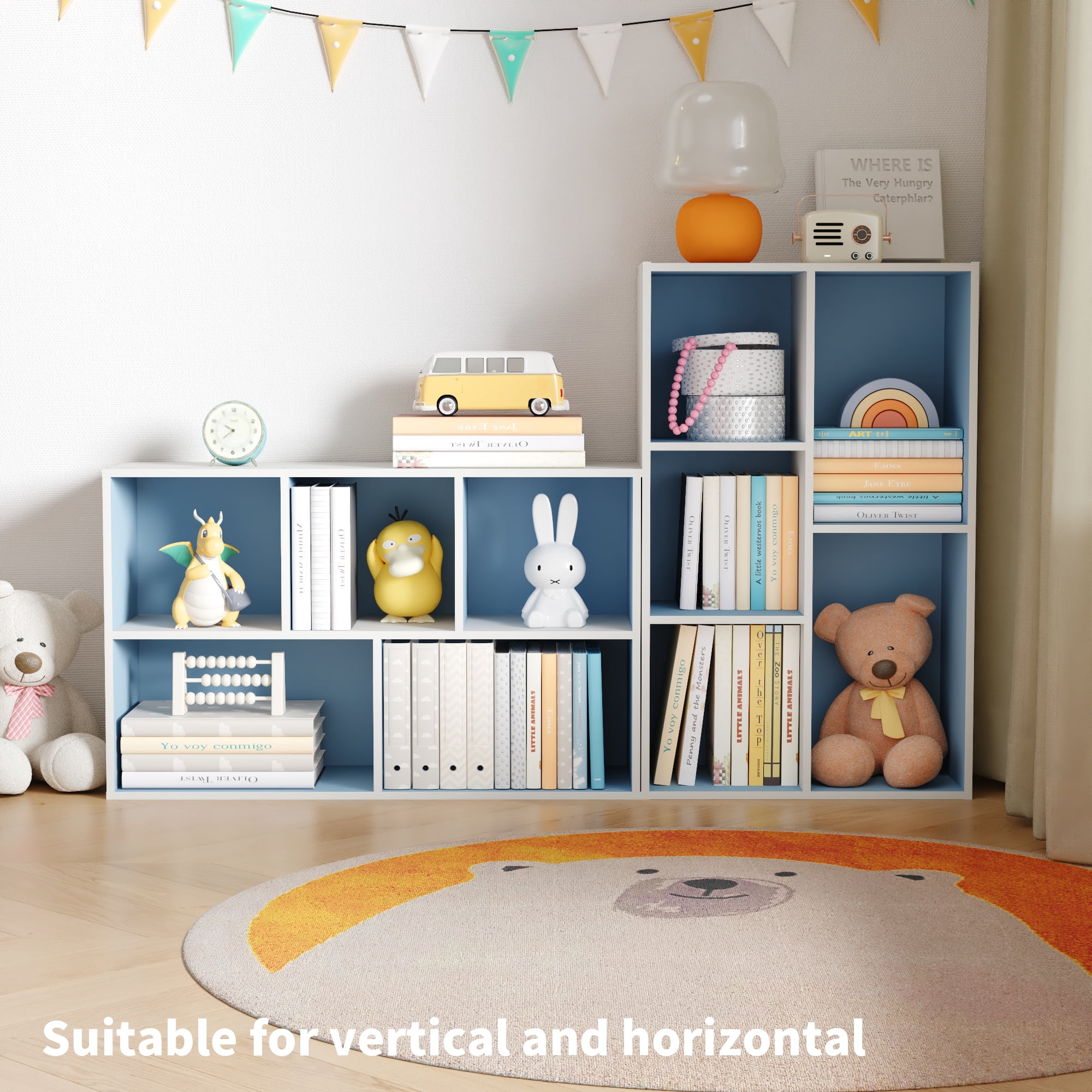 HOMLUX 5-Cube 31.5" Wooden Reversible Open Bookcase for Office, Living Room, White & Light Blue