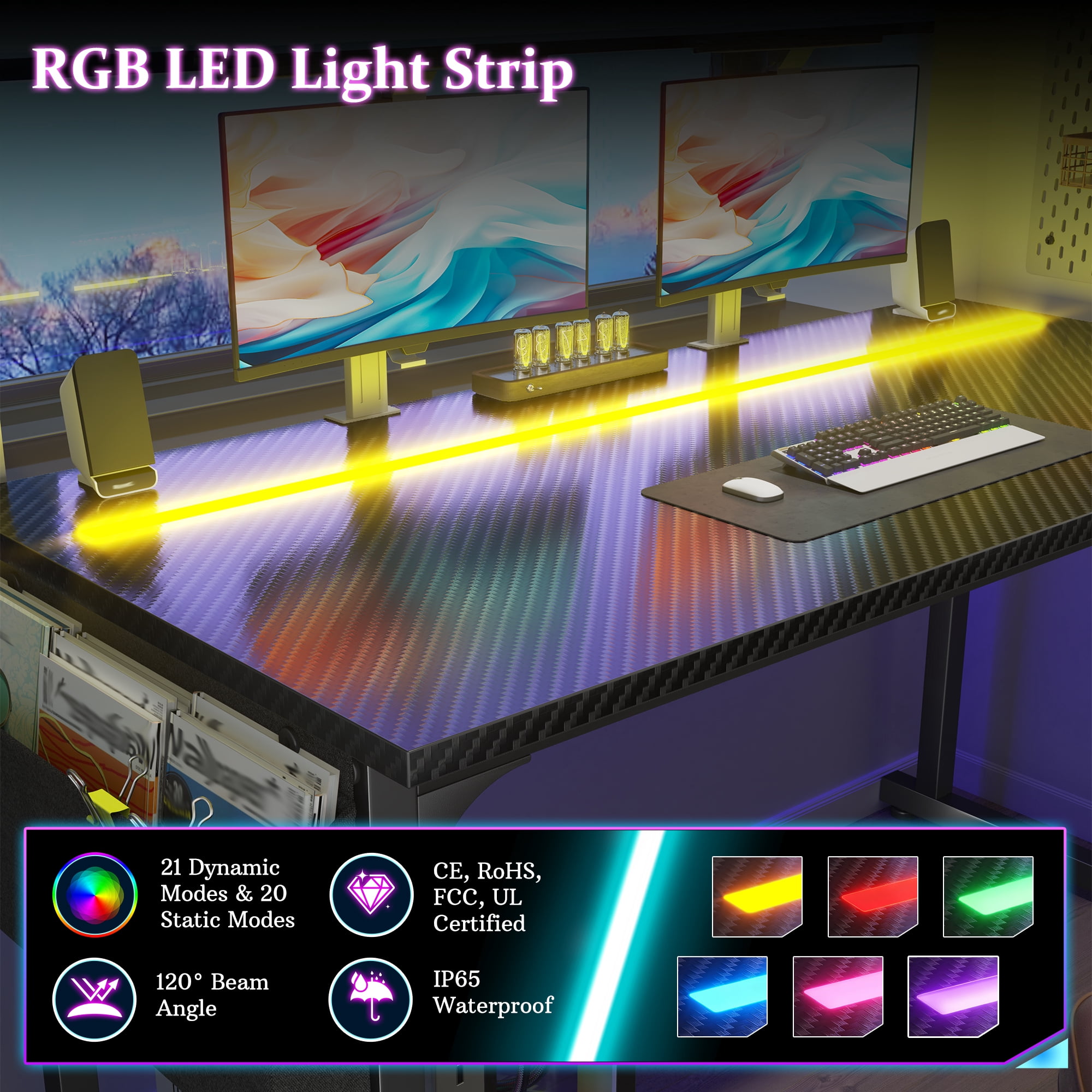 Romorgniz 39.4 inch LED RGB Gaming Desk, Sturdy Large Computer Workstation with 2 Headphone Hooks & Side Storage Bag, Home Office Desk, Black