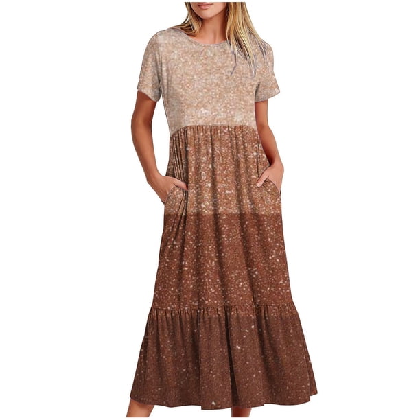 Vestido de Manga Corta para Mujeres Vestido de Verano de Cuello Redondo Impreso, Poliéster de Tamaño Verdadero Diario Y Vestido de Fiesta