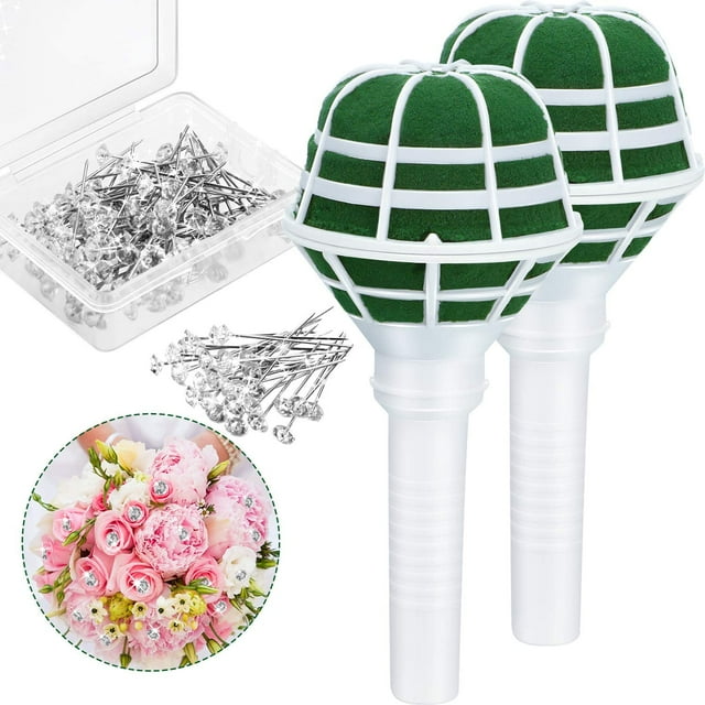 Paquete de 2 soportes para ramo de flores, soportes para ramo de espuma con asa floral, asa para ramo de novia para arreglos florales, decoración de flores con 50 alfileres de flores, alfileres de ram JFHHH pequeña