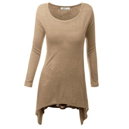 - Doublju Women's Long Sleeve Crewneck Cotton Knit Asymmetrical Tunic Top BEIGE S