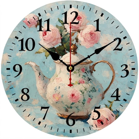 CozyHour 9.84 Inch Floral Teapot Wall Clock, Vintage Rose Tea Pot Analog Clock, Decorative Round Clock for Kitchen Dining Room Living Room