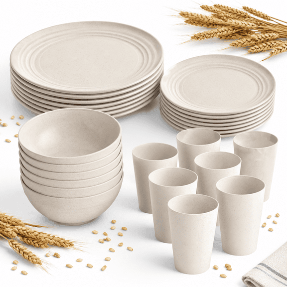 32-Piece Beige Wheat Dinnerware Set For 8, Includes Plates And Cups