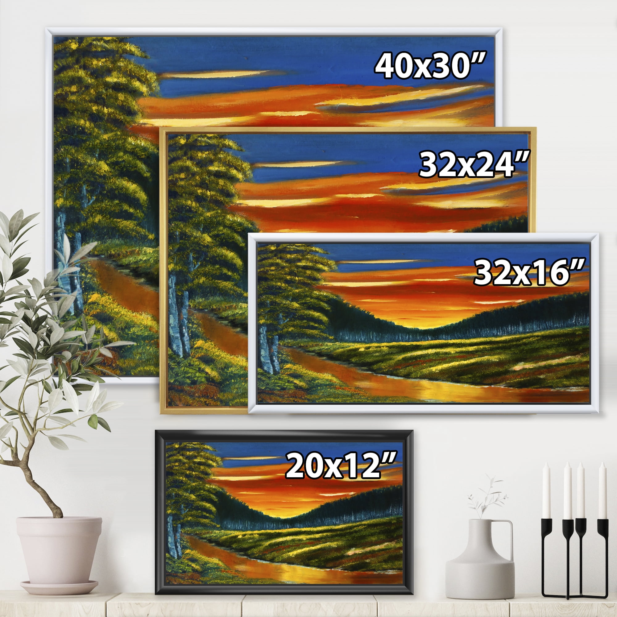 Designart 'Warm Coloured Sunset Glow Above The Lotus Swamp' Traditional Framed Canvas Wall Art Print