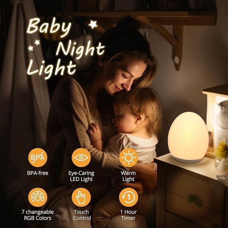 JolyWell - Luz Nocturna Para Niños, Luz De Huevo Para Guardería Con 7 Colores Rgb Cambiables Y Atenuacion Continua Luz De Grifo Recargable Con