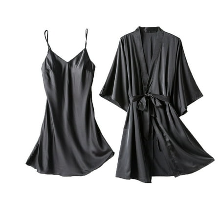 Women's Satin Robe Sets 2 Piece Nightgown Silk Pajama Sexy Cami Nightwear Kimono Bridesmaid Robes Travel Sleep Set