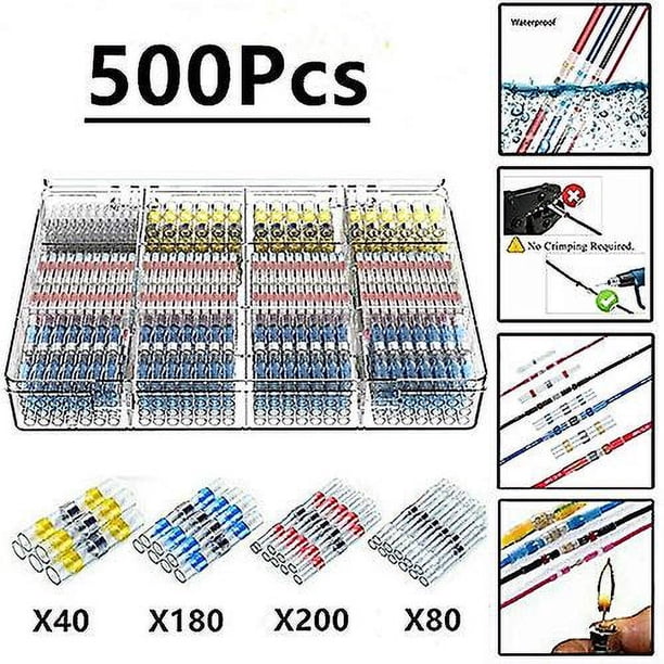 XXL 500 piezas de terminales eléctricos de soldadura de tubos termocontraíbles, conectores eléctricos de sellado a tope de soldadura termorretráctil, impermeables, marinos, automo